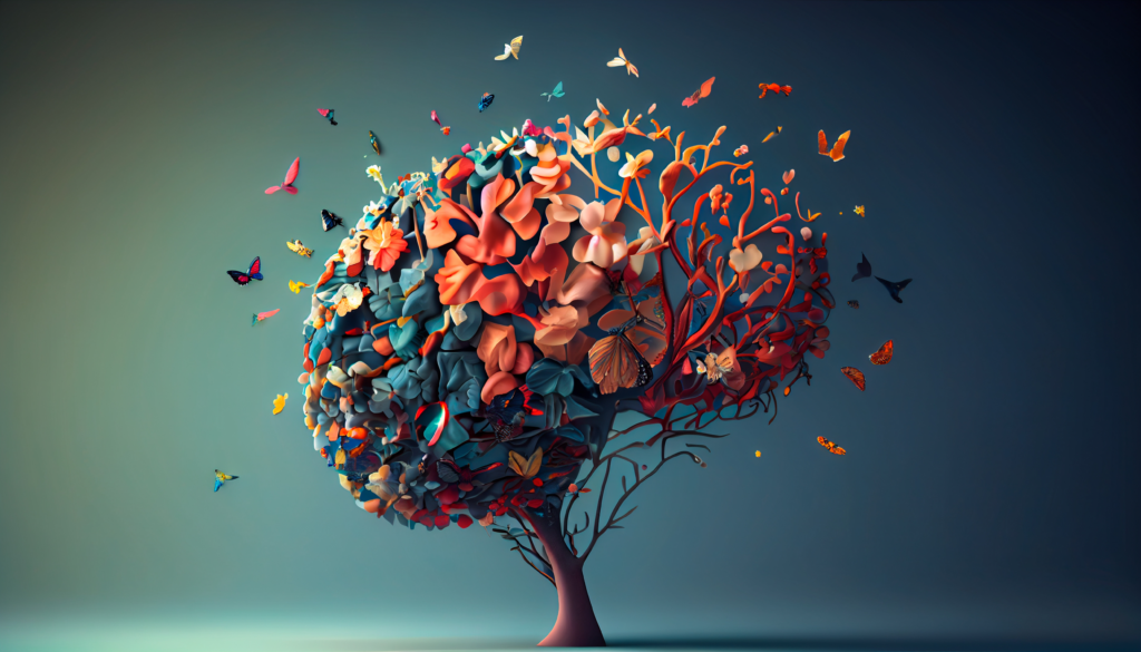 cerveau composé de fleurs et de branches d'où s'envolent des papillons, image de la mémoire familiale qui se transforme