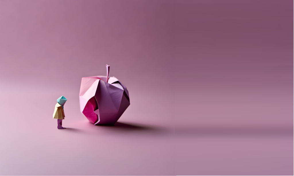 petit personnage en origami face à une pomme géante entamée, image du rapport disproportionné à la nourriture
