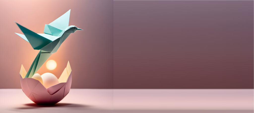 oiseau en origami s'envolant d'une coquille ouverte, image du passage et de la renaissance