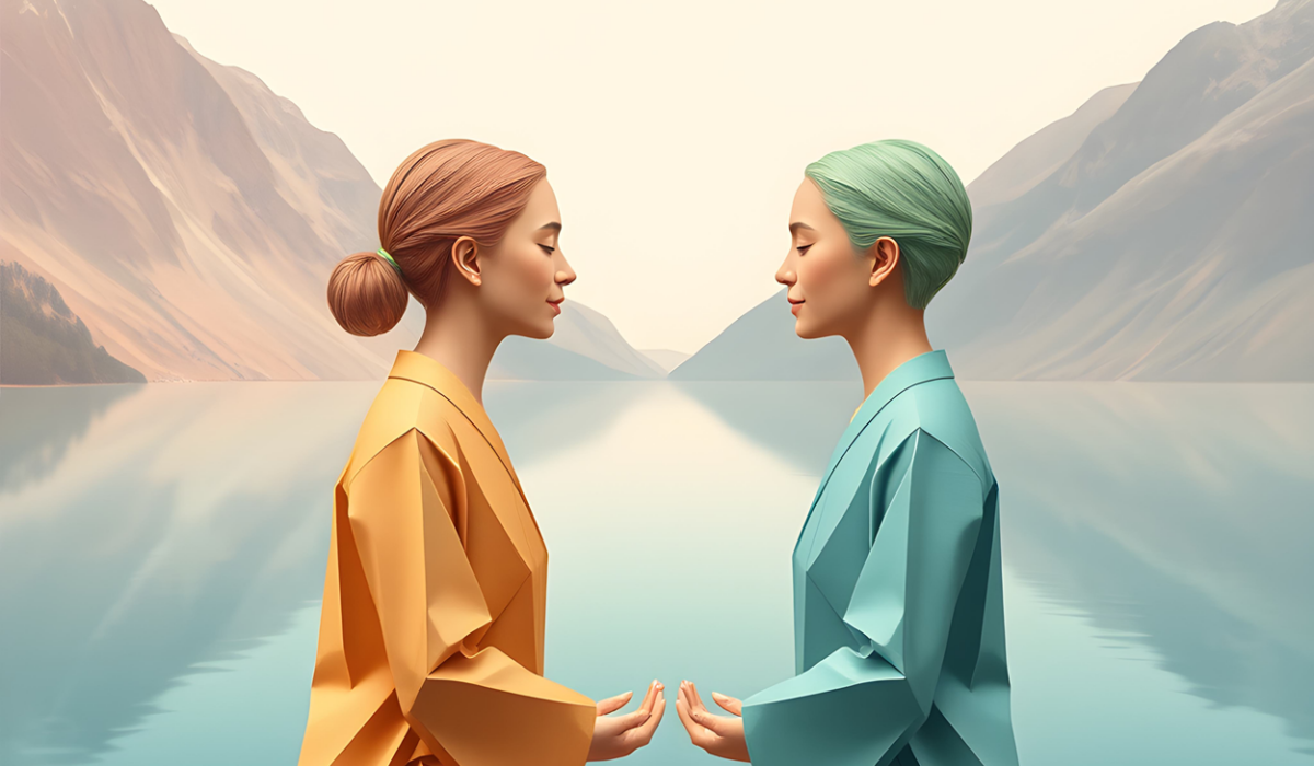 deux figures assises face à face au bord d'un lac, mains jointes, image de la transmission et de la pratique à deux