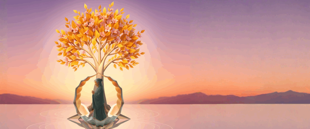 silhouette de femme assise sous un arbre aux feuilles dorées au coucher du soleil, image de la ménopause comme passage