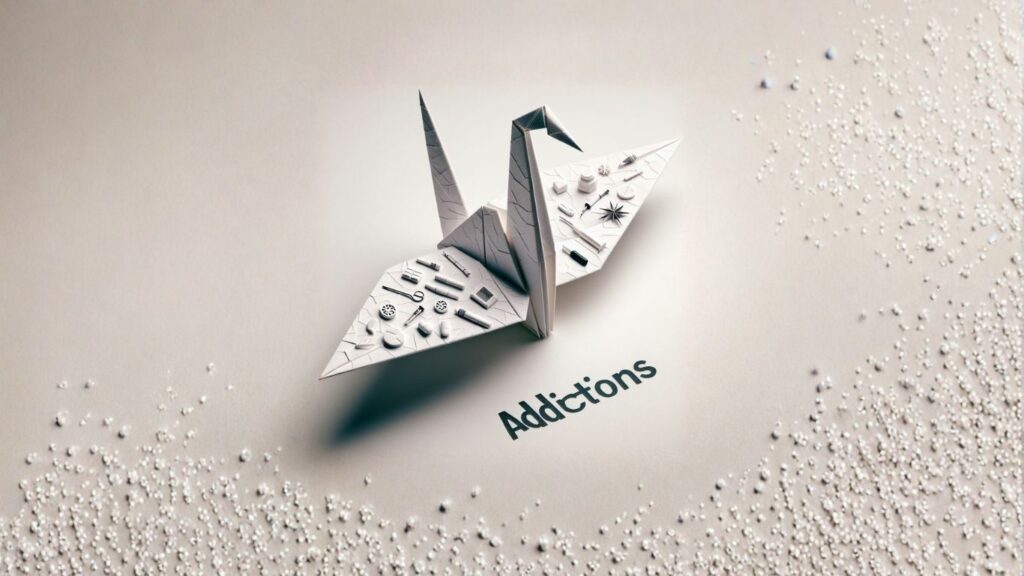 origami blanc posé près d'une trace de poudre, image des processus addictifs