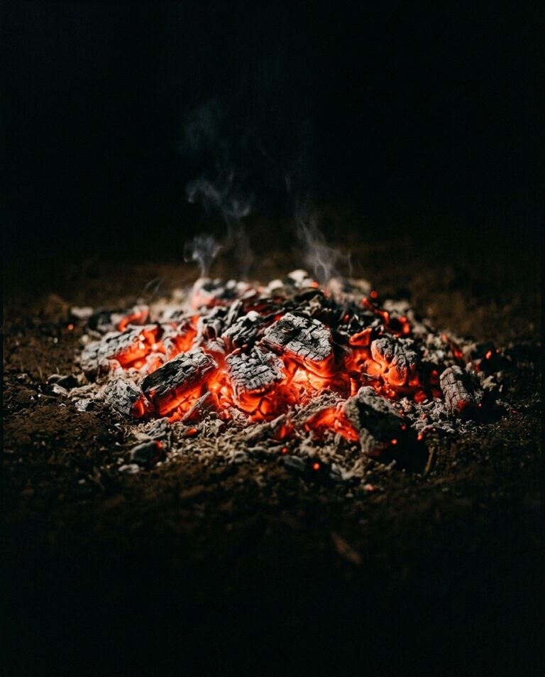 Braises rougeoyantes qui s'éteignent dans le noir, fine fumée