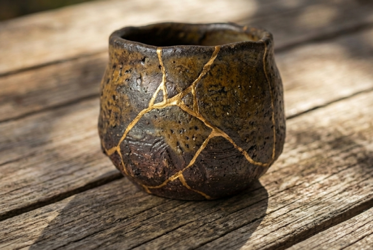 Bol japonais en céramique sombre réparé au kintsugi avec des jointures dorées