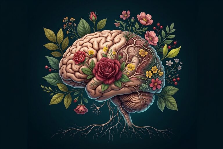 Cerveau anatomique couvert de fleurs et de racines sur fond sombre