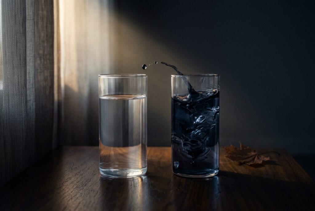 Deux verres d'eau côte à côte, l'un clair, l'autre troublé d'encre sombre